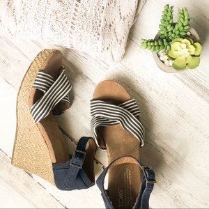 Toms Espadrille wedges striped sandals navy white
